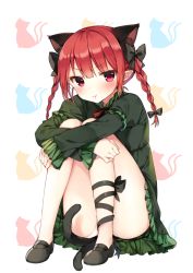Rule 34 | 1girl, animal ears, bad id, bad pixiv id, bow, braid, cat, cat ears, cat tail, convenient leg, dress, extra ears, green dress, hair bow, juliet sleeves, kaenbyou rin, hugging own legs, long sleeves, looking at viewer, multiple tails, nekomata, panties, pantyshot, pout, puffy sleeves, red eyes, red hair, shnva, sitting, solo, tail, touhou, twin braids, two tails, underwear, white panties
