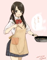 Rule 34 | 1girl, :d, apron, black hair, blue skirt, blush, bow, bowtie, breasts, checkered clothes, checkered skirt, chopsticks, cowboy shot, dated, frying pan, hair ornament, hairclip, highres, holding, holding chopsticks, long hair, looking at viewer, medium breasts, open mouth, original, pleated skirt, pocket, red bow, red bowtie, sako (35s 00), shirt, signature, skirt, sleeves rolled up, smile, solo, speech bubble, standing, translation request, white shirt, yellow apron