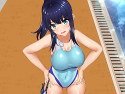 Rule 34 | 1girl, blue hair, blush, breasts, caruta, cleavage, competition swimsuit, covered erect nipples, covered navel, cowboy shot, female focus, from above, goggles, green eyes, groin, hair between eyes, hands on own hips, head tilt, high ponytail, highres, indoors, kiraware kyoushi no saimin takuran, large breasts, legs, legs apart, light blush, long hair, looking at viewer, one-piece swimsuit, open mouth, original, ponytail, pool, shiny clothes, solo, standing, swim cap, swimsuit, thighs