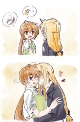 Rule 34 | 2girls, absurdres, apron, blonde hair, blush, brown hair, casual, couple, fate testarossa, happy, heart, highres, kiss, lastfin, long hair, looking at another, lyrical nanoha, mahou shoujo lyrical nanoha vivid, multiple girls, open mouth, purple eyes, side ponytail, simple background, smile, takamachi nanoha, tsab executive military uniform, wife and wife, yuri