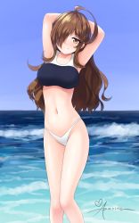 Rule 34 | 1girl, ahoge, aposine, arms behind head, arms up, artist name, bikini, breasts, brown eyes, brown hair, closed mouth, collarbone, commentary, day, english commentary, hair over one eye, heart, highres, huge ahoge, kono subarashii sekai ni shukufuku wo!, large breasts, long hair, looking at viewer, mismatched bikini, navel, outdoors, signature, sky, smile, solo, standing, swimsuit, water, waves, wiz (konosuba)