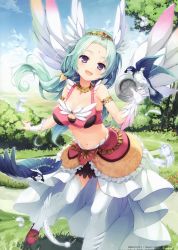 Rule 34 | 1girl, absurdres, animal, bindi, bird, blue sky, breasts, bridal gauntlets, cleavage, cloud, cloudy sky, collar, copyright name, day, feathered wings, feathers, gloves, green hair, highres, jewelry, large breasts, long hair, open mouth, outdoors, parted bangs, purple eyes, scan, senji (tegone spike), single glove, sky, solo, sparkle, stomach, thighhighs, tiara, white thighhighs, wings