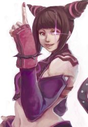 Rule 34 | 1girl, :p, black hair, blunt bangs, bracelet, chinese clothes, detached sleeves, drill hair, dudou, fingerless gloves, gloves, glowing, glowing eye, halterneck, han juri, index finger raised, jewelry, midriff, mizukei3, nail polish, purple eyes, short twintails, solo, spiked bracelet, spiked hair, spikes, street fighter, tongue, tongue out, twin drills, twintails