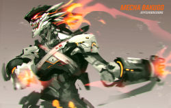 Rule 34 | 1boy, absurdres, bakugou katsuki, boku no hero academia, character name, fire, glowing, glowing eye, grey background, highres, humanoid robot, jeffrey chen, looking to the side, mechanization, open mouth, profile, red eyes, robot, science fiction, sketch, upper body