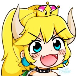 Rule 34 | &gt;:d, 1girl, armlet, blush, bowsette, collar, commentary, earrings, eyelashes, fangs, fream, gyate gyate, horns, jewelry, long hair, mario (series), meme, new super mario bros. u deluxe, nintendo, open mouth, ponytail, portrait, solo, spiked armlet, spiked collar, spikes, super crown, transparent background, turtle shell, v-shaped eyebrows, watermark