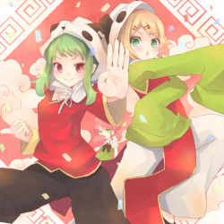 Rule 34 | 3girls, animal hat, blonde hair, blowing bubbles, chewing gum, chinese clothes, clenched hand, fighting stance, green eyes, green hair, grin, gumi, hair ornament, hairclip, hat, isegawa yasutaka, kagamine rin, looking at viewer, multiple girls, panda hat, red eyes, red hair, short hair, sidelocks, sleeves past wrists, smile, vocaloid, yi er fan club (vocaloid)