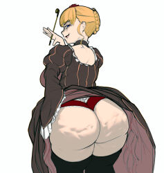 Rule 34 | 1boy, 1girl, absolute territory, ass, beatrice (umineko), blonde hair, blue eyes, breasts, cellulite, dress, highres, huge ass, large breasts, long dress, massgrave art, panties, plump, smug, solo, thick thighs, thighs, umineko no naku koro ni, underwear, witch