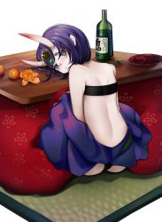 Rule 34 | 1girl, absurdres, alcohol, ass, back, blue eyes, bob cut, bottle, cup, eyeliner, fate/grand order, fate (series), food, from behind, fruit, head on table, headpiece, highres, horns, japanese clothes, kimono, kotatsu, looking at viewer, makeup, oni, open clothes, open kimono, orange (fruit), purple hair, purple kimono, revealing clothes, sakazuki, sake, san (harutuki 3), short eyebrows, short hair, shuten douji (fate), simple background, sitting, skin-covered horns, solo, table, tatami, wine bottle