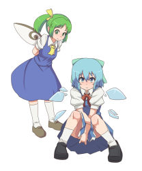 Rule 34 | 2girls, arms behind back, ascot, between legs, blue eyes, blue hair, blue skirt, blush, bow, cirno, dai (touhou handdrawn), daiyousei, detached wings, fairy wings, gazacy (dai), green eyes, green hair, hair bow, hand between legs, ice, ice wings, kneehighs, leaning forward, loafers, multiple girls, neck ribbon, pointy ears, puffy sleeves, ribbon, shoes, short hair, short sleeves, side ponytail, sitting, skirt, skirt set, skirt tug, smile, socks, standing, touhou, white background, white legwear, wings