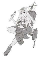 Rule 34 | 1girl, absurdres, adapted costume, adapted turret, bikini, cannon, front-tie bikini top, front-tie top, full body, greyscale, hair flaps, highres, kantai collection, mahou sensei negima!, monochrome, neve (morris-minicooper), official alternate costume, sarong, solo, swimsuit, torpedo, torpedo launcher, turret, yuudachi (kancolle), yuudachi kai ni (kancolle)