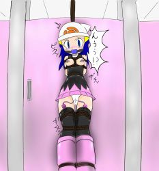 Rule 34 | 1girl, arms behind back, artist request, ball gag, bare shoulders, bathroom, bdsm, black shirt, black thighhighs, blue eyes, blue hair, blush, bondage, boots, bound, breasts, breasts out, cameltoe, constricted pupils, controller, creatures (company), dawn (pokemon), door, egg vibrator, female focus, gag, gagged, game freak, hair ornament, hairclip, hat, highres, indoors, japanese text, jpeg artifacts, knee boots, looking at viewer, matching hair/eyes, nintendo, nipple stimulation, nose blush, panties, pink footwear, pink skirt, poke ball theme, pokemon, pokemon dppt, remote control, remote control vibrator, sex toy, shibari, shibari over clothes, shiny clothes, shiny skin, shirt, skirt, sleeveless, sleeveless shirt, small breasts, solo, speech bubble, standing, tape, thighhighs, translation request, underwear, upskirt, vibrator, vibrator cord, vibrator in thighhighs, vibrator on nipple, vibrator under clothes, vibrator under panties, white hat, white panties