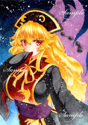 Rule 34 | bad id, bad pixiv id, black dress, chinese clothes, crescent, dress, hat, junko (touhou), long hair, long sleeves, looking at viewer, orange hair, painting (medium), qqqrinkappp, red eyes, sash, solo, tabard, touhou, traditional media, very long sleeves, watercolor (medium), wide sleeves