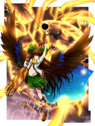Rule 34 | 1girl, absurdres, arm cannon, arm up, asymmetrical footwear, bird wings, black hair, black panties, black socks, black wings, blouse, bow, breasts, brown footwear, cape, closed mouth, eyeball, feathered wings, frilled shirt, frilled skirt, frills, full body, glowing, green skirt, hair bow, highleg, highleg panties, highres, index finger raised, kneehighs, loafers, long hair, looking at viewer, machinery, medium breasts, mismatched footwear, multiple wings, navel, open clothes, open shirt, panties, pointing, pointing up, red eyes, reiuji utsuho, rouge16, serious, shirt, shoes, short sleeves, single kneehigh, single sock, skirt, socks, solo, stomach, third eye, touhou, unbuttoned, unbuttoned shirt, underwear, very long hair, weapon, white shirt, wings