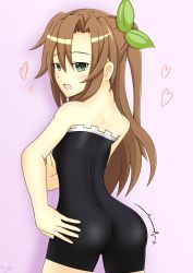 Rule 34 | 1girl, absurdres, against wall, artist request, ass, backless outfit, bare shoulders, blush, breasts, brown hair, from behind, green eyes, hair ornament, hand on ass, heart, highres, if (neptunia), jiggle, long hair, looking at viewer, looking back, neptune (series), open mouth, shiny clothes, shiny skin, sideboob, small breasts, solo, unitard