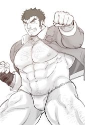 Rule 34 | 1boy, abs, bara, bare pectorals, bulge, chest hair, clenched hands, cowboy shot, facial hair, forked eyebrows, fundoshi, greyscale, grin, hairy, harada (basashi), jacket, japanese clothes, takabushi kengo, large pectorals, leg hair, long sideburns, looking at viewer, male focus, mature male, monochrome, muscular, muscular male, navel, nipples, no pants, open clothes, open jacket, pectorals, short hair, sideburns, smile, solo, stomach, stubble, thick thighs, thighs, tokyo houkago summoners