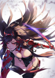 Rule 34 | 1girl, absurdres, black hair, bleemjay, breasts, brown hair, cleavage, crotch, hair ornament, hair tie, highres, holding, holding sword, holding weapon, long hair, looking to the side, lucia (punishing: gray raven), mecha musume, mechanical arms, medium breasts, multicolored hair, neck, punishing: gray raven, red eyes, red hair, solo, sword, thighs, very long hair, weapon