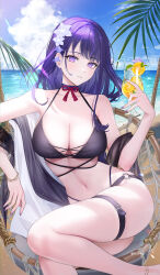 Rule 34 | 1girl, absurdres, arm rest, bikini, blue sky, bracelet, breasts, chair, cleavage, closed mouth, cloud, cocktail umbrella, cup, day, drinking straw, flower, food, fruit, genshin impact, hair flower, hair ornament, highres, holding, holding cup, jewelry, large breasts, looking at viewer, mole, mole under eye, navel, ocean, orange (fruit), orange slice, outdoors, purple eyes, purple hair, purple nails, raiden shogun, rity, sitting, sky, solo, stomach, swimsuit, thigh strap