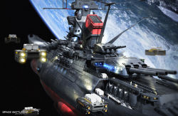 Rule 34 | cannon, commentary, container, earth (planet), email address, energy cannon, english commentary, english text, highres, in orbit, lights, michaellee4, military, no humans, planet, realistic, redesign, science fiction, signature, space, spacecraft, title, uchuu senkan yamato, uchuu senkan yamato 2199, yamato (uchuu senkan yamato)