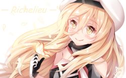 Rule 34 | 10s, 1girl, beret, blonde hair, blush, bug, butterfly, character name, gloves, hair between eyes, hat, highres, insect, kantai collection, long hair, multicolored clothes, multicolored gloves, nahaki, petals, richelieu (kancolle), smile, solo, white background, yellow eyes