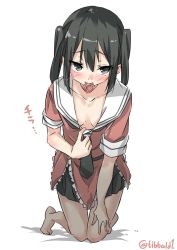Rule 34 | 10s, 1girl, bad id, bad twitter id, black eyes, black hair, black necktie, black skirt, blush, breasts, collarbone, condom, condom in mouth, condom wrapper, ebifurya, eyebrows, full body, hair between eyes, highres, inactive account, kantai collection, kneeling, looking at viewer, mouth hold, necktie, pleated skirt, school uniform, sendai (kancolle), serafuku, short sleeves, simple background, skirt, small breasts, solo, twitter username, two side up, white background