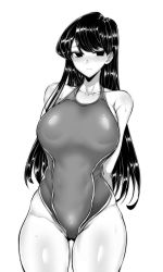 Rule 34 | 1girl, absurdres, arms behind back, bad id, bad pixiv id, bare shoulders, blush, breasts, cameltoe, cleft of venus, competition swimsuit, gggg, greyscale, highres, komi-san wa komyushou desu, komi shouko, long hair, looking at viewer, monochrome, one-piece swimsuit, simple background, solo, sweat, swimsuit, white background