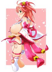 Rule 34 | ahoge, bare shoulders, bell, blush, breasts, bridal garter, cherry blossom print, chestnut mouth, detached sleeves, floral print, frills, from behind, green eyes, hair bell, hair ornament, highres, hololive, huge breasts, long hair, nail polish, open mouth, petals, pink background, pink hair, pink nails, sakura miko, sakura miko (1st costume), semahiro, sideboob, single thighhigh, solo, thighhighs, virtual youtuber, white thighhighs, wide sleeves