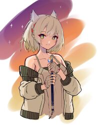 Rule 34 | 1girl, animal ear fluff, animal ears, bare shoulders, braid, breasts, camisole, closed mouth, collarbone, commentary request, cropped torso, fingerless gloves, gloves, grey camisole, grey gloves, grey hair, highres, holding, hozuki aiba, jacket, long sleeves, looking at viewer, mio (xenoblade), off shoulder, open clothes, open jacket, puffy long sleeves, puffy sleeves, short hair, small breasts, smile, solo, upper body, white jacket, xenoblade chronicles (series), xenoblade chronicles 3, yellow eyes