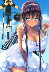 Rule 34 | 1girl, bad id, bad pixiv id, basket, black hair, blue eyes, blush, breasts, cleavage, cloud, cloudy sky, cup, dark-skinned female, dark skin, day, dress, dress tug, drinking glass, unworn eyewear, glasses, hairband, holding, holding removed eyewear, large breasts, leaning forward, long hair, looking at viewer, original, parted lips, ponytail korosuke, railroad crossing, revision, signpost, sky, smile, solo, thighs, white dress, wine glass