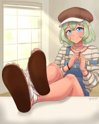 Rule 34 | 1girl, beret, black nails, blue eyes, brown footwear, cross hair ornament, efreezerarts, elf, feet, foot focus, foreshortening, green hair, hair ornament, hat, highres, indie virtual youtuber, jewelry, legs, light green hair, looking at viewer, nail polish, overall shorts, overalls, pointy ears, presenting foot, renee tala, sandals, shirt, shoe soles, smile, solo, strap slip, striped clothes, striped shirt, toe ring, toenail polish, toenails, toes, virtual youtuber, watch, white footwear, wristwatch