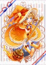 Rule 34 | 1girl, blue eyes, boots, bow, brown bow, brown hair, curly hair, dress, food, food-themed clothes, frills, full body, gloves, hat, hat bow, highres, honey, honey dipper, knee boots, looking at viewer, morinaga &amp; company, morinaga (brand), orange bow, orange dress, orange footwear, orange gloves, orange hat, original, pancake, personification, short hair, smile, solo, striped, striped bow, totsuki ryuna, twintails, witch hat