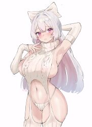 Rule 34 | 1girl, argyle, argyle clothes, argyle sweater, arm behind head, armpits, artist name, bow, breasts, closed mouth, detached sleeves, grey hair, hair bow, highres, large breasts, long hair, meme attire, navel, original, purple eyes, ribbed sleeves, ribbed thighhighs, sideboob, solo, sweater, turtleneck, turtleneck sweater, virgin destroyer sweater, white bow, white sweater, y uunaa