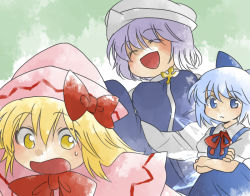 Rule 34 | 3girls, :&lt;, :d, ^ ^, bad id, bad pixiv id, blonde hair, blue eyes, blue hair, bow, cirno, closed eyes, crossed arms, closed eyes, hammer (sunset beach), hat, letty whiterock, lily white, multiple girls, open mouth, purple hair, short hair, smile, touhou, yellow eyes