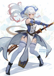Rule 34 | 1girl, artist name, blue bow, bow, brown eyes, commentary, commission, detached sleeves, dragon girl, dragon tail, dress, english commentary, floating hair, full body, hair between eyes, hair bow, heterochromia, highres, holding, holding sword, holding weapon, long hair, looking at viewer, lyra-kotto, multicolored hair, original, purple eyes, red hair, serious, shadow, sidelocks, solo, standing, streaked hair, sword, tail, thighhighs, two-tone hair, weapon, white background, white footwear, white hair, white thighhighs