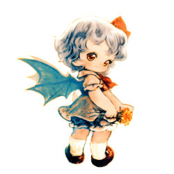 Rule 34 | 1girl, bat wings, black dress, bloomers, child, colored pencil (medium), dress, flower, hair ribbon, looking at viewer, looking back, puffy short sleeves, puffy sleeves, red eyes, remilia scarlet, ribbon, shirt, short sleeves, silver hair, smile, solo, souri, touhou, traditional media, underwear, wings, aged down