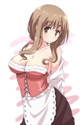 Rule 34 | 1girl, apron, bare shoulders, blush, breasts, brown eyes, brown hair, brown skirt, cleavage, collarbone, commentary request, corset, cowboy shot, hair ornament, hair scrunchie, large breasts, long hair, looking at viewer, matsumoto yoriko, mel (melty pot), off shoulder, parted lips, pink scrunchie, scrunchie, shirt, sidelocks, skirt, solo, standing, thick eyebrows, undressing, waist apron, white apron, white background, white shirt, yuyushiki