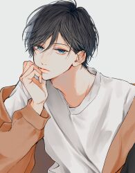 Rule 34 | 1boy, absurdres, black hair, blue eyes, brown jacket, closed mouth, en (e898n), hand up, highres, jacket, long sleeves, looking at viewer, male focus, off shoulder, original, shirt, short hair, simple background, solo, white background, white shirt