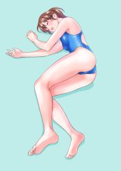 Rule 34 | 1girl, absurdres, barefoot, blue background, blue one-piece swimsuit, brown hair, commentary request, competition swimsuit, closed eyes, highres, lips, long hair, lying, macosee, on side, one-piece swimsuit, original, parted lips, ponytail, sleeping, solo, swimsuit