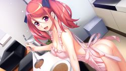 Rule 34 | 1girl, apron, ass, breasts, cleavage, dutch angle, game (=eroge) mitai na, suteki na koi ga shitai!, game (=eroge) mitai na suteki na koi ga shitai!, game cg, highres, holding, holding ladle, indoors, ino (magloid), ladle, long hair, medium breasts, naked apron, official art, open mouth, otokaze marine, photoshop (medium), pink apron, pink eyes, red hair, solo, twintails