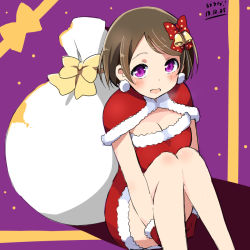 Rule 34 | 10s, 1girl, blush, brown hair, copyright name, dated, gloves, koizumi hanayo, looking at viewer, love live!, love live! school idol project, open mouth, purple eyes, sack, santa costume, solo, wara (warapro)