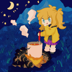Rule 34 | 1girl, absurdres, antenna hair, black shirt, blonde hair, blue eyes, campfire, cardigan, commentary request, cooking, crescent moon, fire, full body, hand up, highres, kanrei touko, kasukabe tsumugi, licking lips, long hair, long sleeves, looking at food, moon, mountain, night, night sky, on grass, one side up, open cardigan, open clothes, outdoors, pleated skirt, purple skirt, shirt, skirt, sky, smile, smoke, solo, standing, star (sky), starry sky, stew, stock pot, tongue, tongue out, voicevox, white leg warmers, yellow cardigan