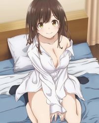 Rule 34 | 1girl, bed, bed sheet, breasts, brown eyes, brown hair, buttons, cleavage, collarbone, feet, female focus, fingernails, hige wo soru. soshite joshikousei wo hirou., highres, large breasts, legs, long hair, long sleeves, looking at viewer, naked shirt, no bra, off-shoulder shirt, off shoulder, official art, ogiwara sayu, pillow, shirt, smile, socks, solo, thighs, white shirt