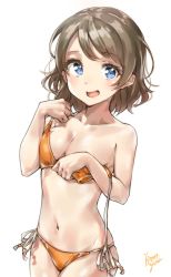 Rule 34 | 1girl, :d, bad id, bad pixiv id, bikini, blue eyes, breasts, cleavage, clenched hands, commentary request, grey hair, hands up, highres, looking at viewer, love live!, love live! sunshine!!, navel, open mouth, orange bikini, short hair, side-tie bikini bottom, signature, simple background, small breasts, smile, solo, swimsuit, takenoko no you, untied bikini, watanabe you, white background
