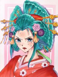 1girl aqua_hair blush closed_mouth crying crying_with_eyes_open datehyogo floral_print floral_print_kimono flower frown green_hair hair_flower hair_ornament hair_stick highres japanese_clothes kimono kouzuki_hiyori lipstick looking_at_viewer makeup nihongami oiran one_piece pointy_chin red_kimono red_lips sa_nctzen solo tassel teardrop tears v-shaped_eyebrows