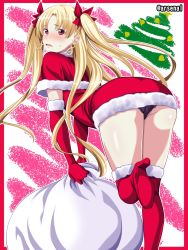 Rule 34 | 1girl, alternate costume, black panties, blonde hair, blush, boots, earrings, ereshkigal (fate), fate/grand order, fate (series), fur-trimmed thighhighs, fur trim, high heels, highres, jewelry, long hair, looking at viewer, open mouth, panties, pantyshot, red legwear, santa boots, santa costume, solo, thighhighs, tohsaka rin, twintails, two side up, underwear, very long hair