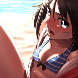 Rule 34 | 1girl, absurdres, bandaid, bandaid on face, bikini, black hair, blue eyes, blue stripes, blush, brave witches, breasts, cleavage, collarbone, hasegawa (hase popopo), highres, kanno naoe, looking at viewer, navel, open mouth, short hair, small breasts, solo, striped bikini, striped clothes, sweat, swimsuit, world witches series