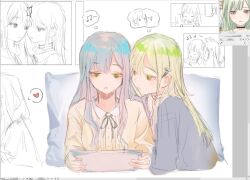 Rule 34 | 2girls, bang dream!, bang dream! it&#039;s mygo!!!!!, blue hair, chinese commentary, commentary request, eighth note, green hair, grey shirt, hair ornament, hairclip, heads together, heart, holding, holding paper, ki3wii, long hair, multiple girls, musical note, official art inset, paper, parted lips, shirt, spoken heart, togawa sakiko, wakaba mutsumi, yellow eyes, yellow shirt, yuri