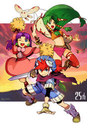 Rule 34 | 1boy, 2girls, :d, anniversary, armor, belt, blue eyes, boots, capelet, dress, earrings, feena (grandia), fingerless gloves, full body, gloves, grandia, grandia i, green eyes, green hair, hair between eyes, hair tubes, hungry clicker, jacket, jewelry, justin (grandia), long hair, looking at viewer, medium hair, multiple girls, navel, open mouth, pom pom (cheerleading), pom pom (clothes), purple hair, red hair, red scarf, scarf, smile, sue (grandia), sunset