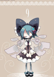 Rule 34 | 1girl, alternate costume, bad id, bad pixiv id, circled 9, cirno, closed eyes, female focus, footwear bow, full body, inuhito, pantyhose, ribbon, simple background, skirt, solo, standing, touhou, translated, wings