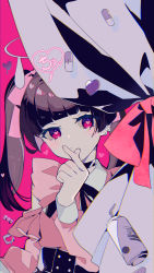 Rule 34 | 1girl, absurdres, black hair, black skirt, blunt bangs, bow, candy, choker, chromatic aberration, colored eyelashes, commentary, darling dance (vocaloid), detached sleeves, ear piercing, earrings, finger heart, food, frilled shirt, frills, halftone, hatsune miku, heart, heart-shaped pupils, heart-shaped lollipop, highres, jewelry, light blush, limited palette, lollipop, multiple earrings, omutatsu, piercing, pill, pink background, pink bow, pink eyes, pink shirt, pink theme, shaped lollipop, shirt, skirt, sleeveless, sleeveless shirt, solo, symbol-shaped pupils, twintails, vocaloid