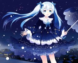 Rule 34 | 1girl, apring, bad id, bad pixiv id, blue eyes, blue hair, dress, frilled dress, frills, hair ornament, hatsune miku, holding, holding umbrella, long hair, matching hair/eyes, multicolored hair, night, open mouth, outdoors, silver hair, snow, solo, twintails, two-tone hair, umbrella, vocaloid, yuki miku